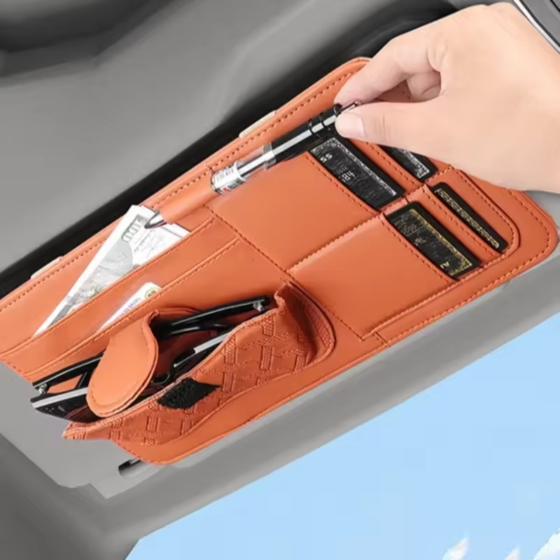 Car Sun Visor Organizer - Premium PU Leather Multifunctional Storage Box with Fashion Glasses Clip